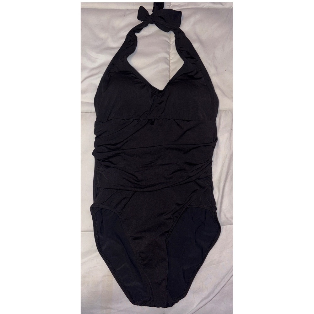 Newport News Swim Black Ruched Slimming Halter One Piece Swimsuit, 4 Average